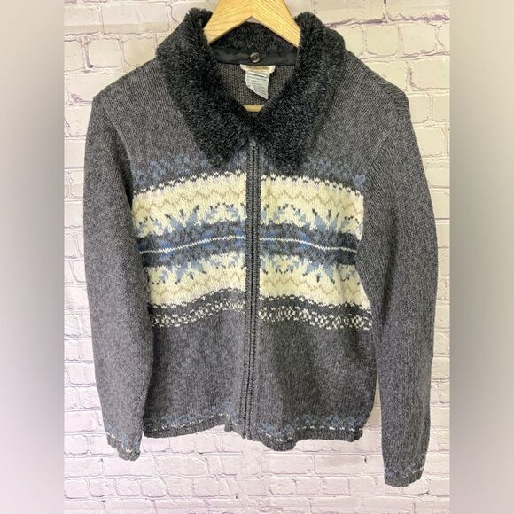 Talbots Gray Nordic Removable Faux Fur Collar Zip Cardigan Sweater Cottagecore M - Picture 1 of 11